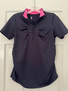 Women's Maternity Navy Short-Sleeve Zip Golf Polo with Pink Trim